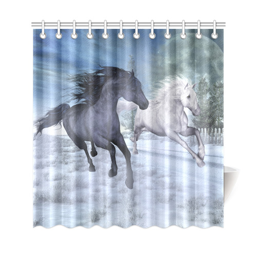 Two horses galloping through a winter landscape Shower Curtain 69"x72"