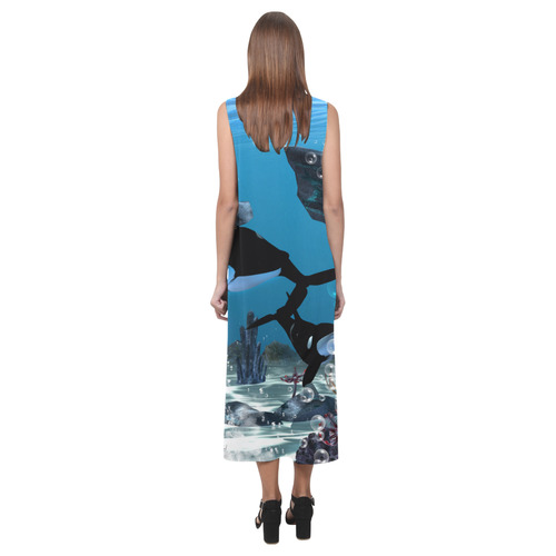 Amazing orcas , underwater world Phaedra Sleeveless Open Fork Long Dress (Model D08)