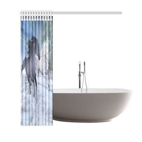 Two horses galloping through a winter landscape Shower Curtain 69"x72"