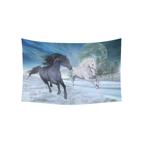 Two horses galloping through a winter landscape Cotton Linen Wall Tapestry 60"x 40"