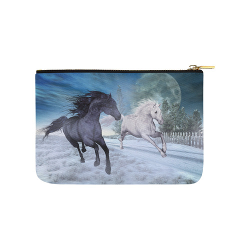 Two horses galloping through a winter landscape Carry-All Pouch 9.5''x6''