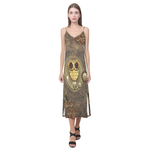 Steampunk, wonderful owl,clocks and gears V-Neck Open Fork Long Dress(Model D18)