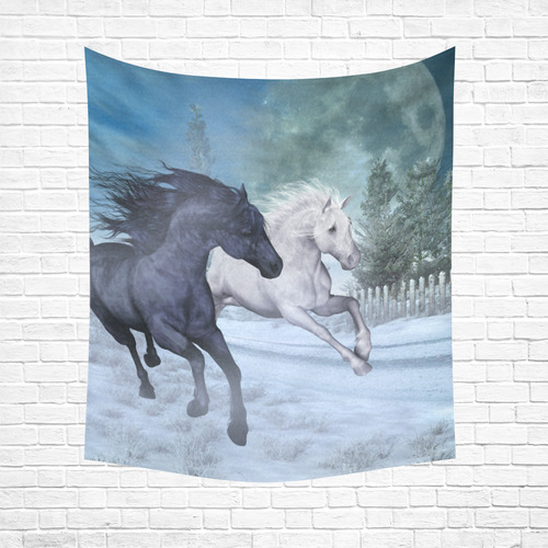 Two horses galloping through a winter landscape Cotton Linen Wall Tapestry 51"x 60"