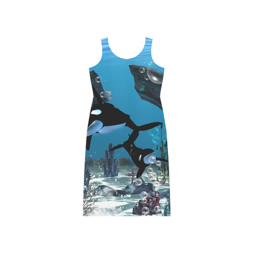 Amazing orcas , underwater world Phaedra Sleeveless Open Fork Long Dress (Model D08)