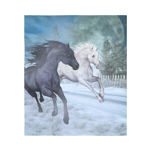 Two horses galloping through a winter landscape Cotton Linen Wall Tapestry 51"x 60"