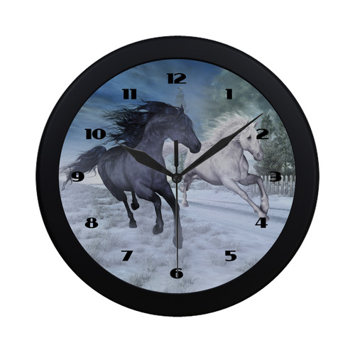 Two horses galloping through a winter landscape Circular Plastic Wall clock