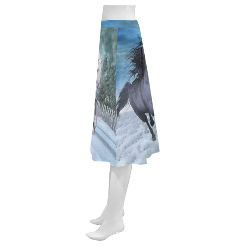 Two horses galloping through a winter landscape Mnemosyne Women's Crepe Skirt (Model D16)