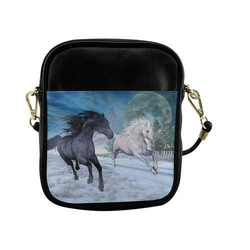 Two horses galloping through a winter landscape Sling Bag (Model 1627)