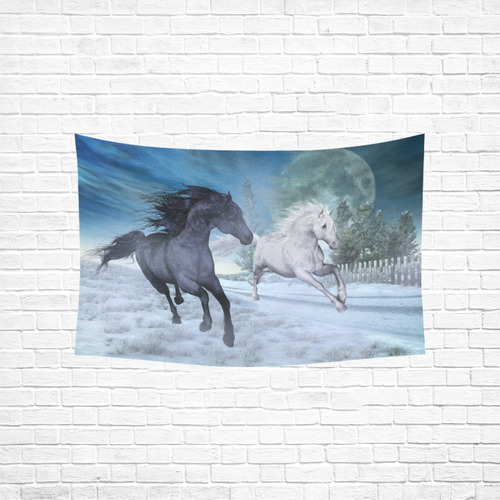 Two horses galloping through a winter landscape Cotton Linen Wall Tapestry 60"x 40"