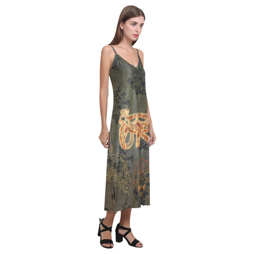 The all seeing eye, vintage background V-Neck Open Fork Long Dress(Model D18)