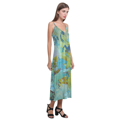 Rearing Horses grunge style painting V-Neck Open Fork Long Dress(Model D18)