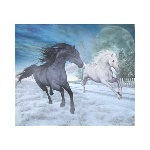 Two horses galloping through a winter landscape Cotton Linen Wall Tapestry 60"x 51"