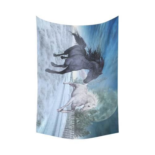 Two horses galloping through a winter landscape Cotton Linen Wall Tapestry 90"x 60"