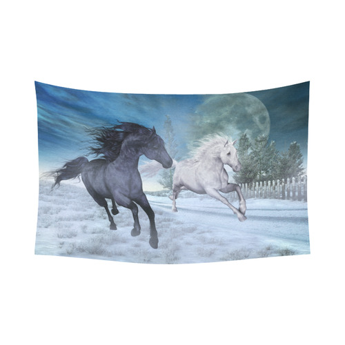Two horses galloping through a winter landscape Cotton Linen Wall Tapestry 90"x 60"
