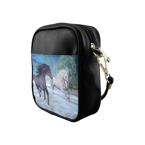 Two horses galloping through a winter landscape Sling Bag (Model 1627)