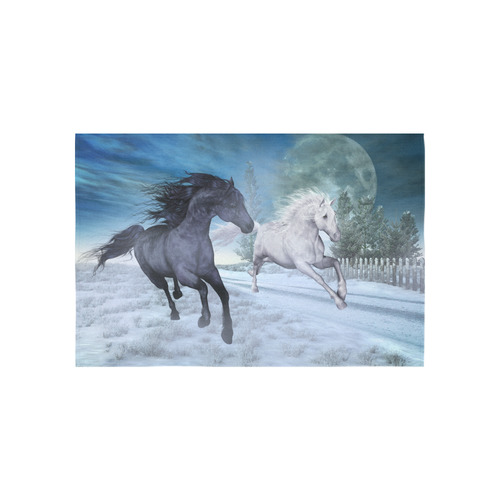 Two horses galloping through a winter landscape Cotton Linen Wall Tapestry 60"x 40"