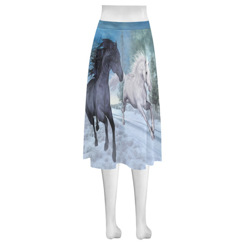 Two horses galloping through a winter landscape Mnemosyne Women's Crepe Skirt (Model D16)