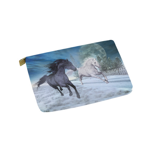 Two horses galloping through a winter landscape Carry-All Pouch 9.5''x6''