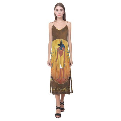 Anubis the egyptian god V-Neck Open Fork Long Dress(Model D18)