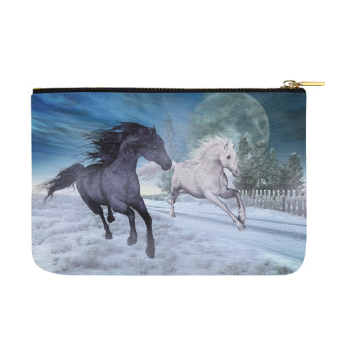 Two horses galloping through a winter landscape Carry-All Pouch 12.5''x8.5''