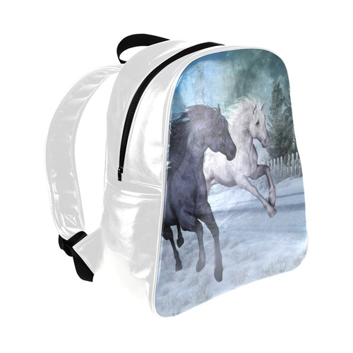 Two horses galloping through a winter landscape Multi-Pockets Backpack (Model 1636)