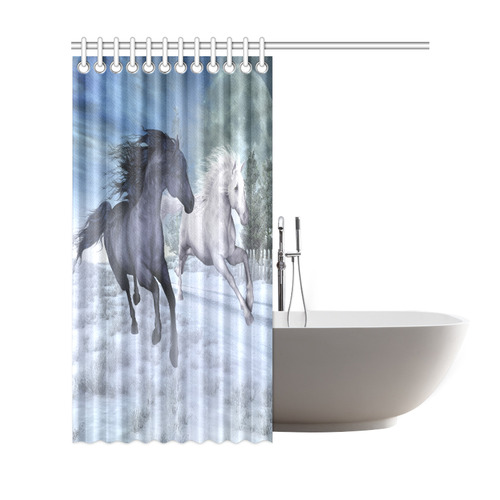 Two horses galloping through a winter landscape Shower Curtain 69"x72"