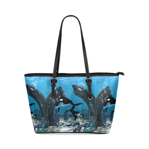 Amazing orcas , underwater world Leather Tote Bag/Large (Model 1640)