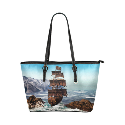 A pirate ship sails through the coastal Leather Tote Bag/Large (Model 1651)