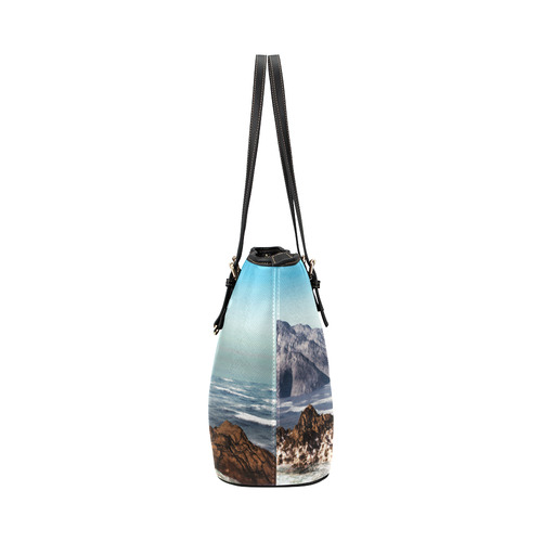 A pirate ship sails through the coastal Leather Tote Bag/Small (Model 1651)