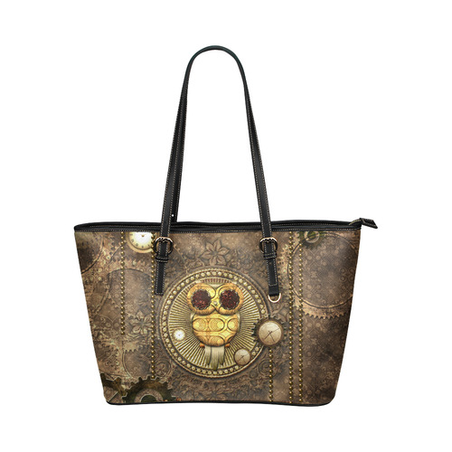 Steampunk, wonderful owl,clocks and gears Leather Tote Bag/Small (Model 1651)