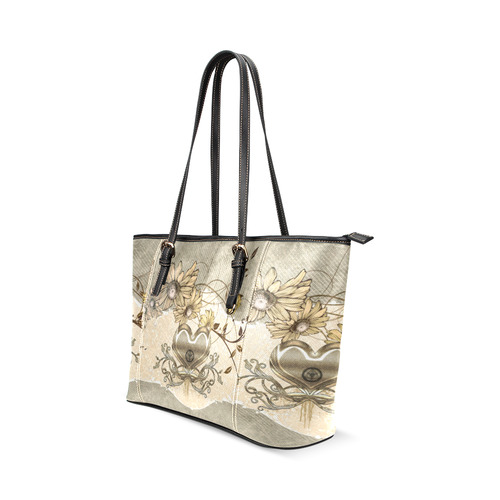Wunderful heart with flowers Leather Tote Bag/Small (Model 1640)