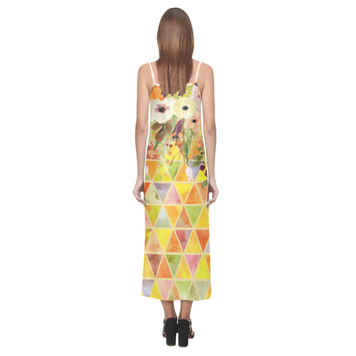 Watercolor Flowers Triangles Orange Yellow Green V-Neck Open Fork Long Dress(Model D18)