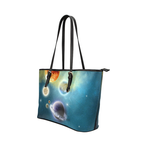 Space scenario with  meteorite sun and planets Leather Tote Bag/Small (Model 1651)