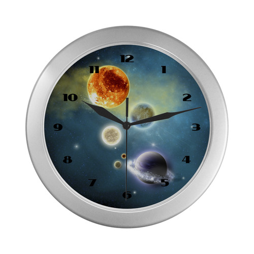 Space scenario with  meteorite sun and planets Silver Color Wall Clock