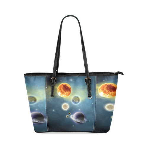 Space scenario with  meteorite sun and planets Leather Tote Bag/Small (Model 1640)