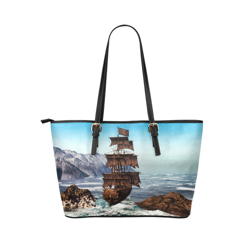 A pirate ship sails through the coastal Leather Tote Bag/Small (Model 1651)