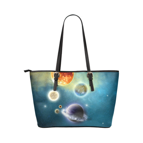 Space scenario with  meteorite sun and planets Leather Tote Bag/Small (Model 1651)
