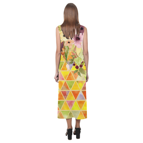 Watercolor Flowers Triangles Orange Yellow Green Phaedra Sleeveless Open Fork Long Dress (Model D08)