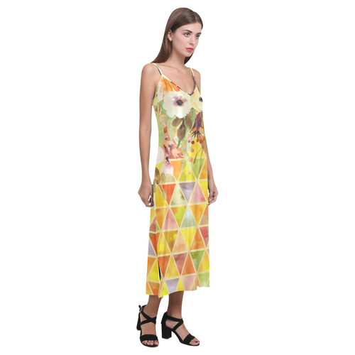 Watercolor Flowers Triangles Orange Yellow Green V-Neck Open Fork Long Dress(Model D18)