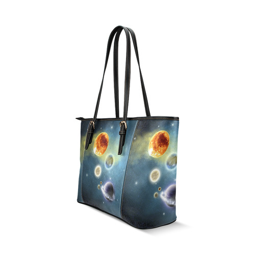Space scenario with  meteorite sun and planets Leather Tote Bag/Large (Model 1640)