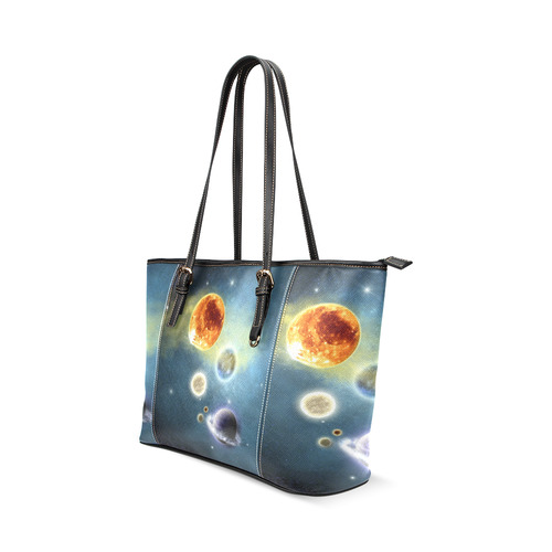 Space scenario with  meteorite sun and planets Leather Tote Bag/Small (Model 1640)