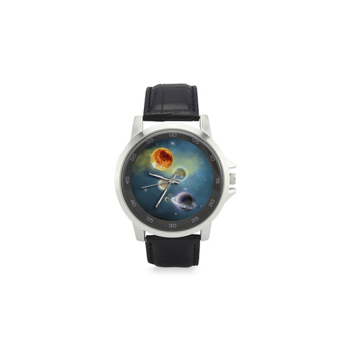 Space scenario with  meteorite sun and planets Unisex Stainless Steel Leather Strap Watch(Model 202)