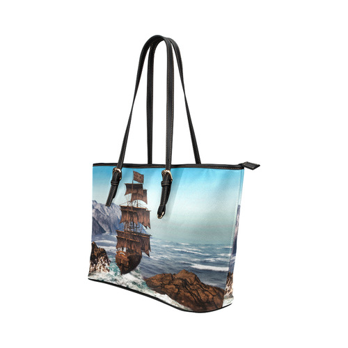 A pirate ship sails through the coastal Leather Tote Bag/Large (Model 1651)