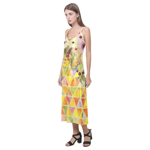 Watercolor Flowers Triangles Orange Yellow Green V-Neck Open Fork Long Dress(Model D18)