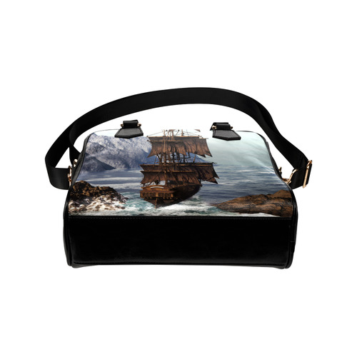 A pirate ship sails through the coastal Shoulder Handbag (Model 1634)
