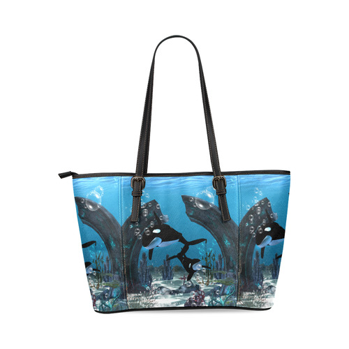 Amazing orcas , underwater world Leather Tote Bag/Large (Model 1640)