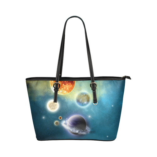 Space scenario with  meteorite sun and planets Leather Tote Bag/Small (Model 1651)