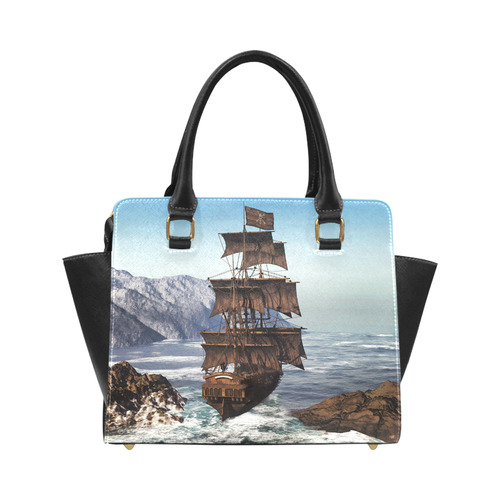 A pirate ship sails through the coastal Classic Shoulder Handbag (Model 1653)