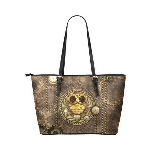 Steampunk, wonderful owl,clocks and gears Leather Tote Bag/Small (Model 1651)