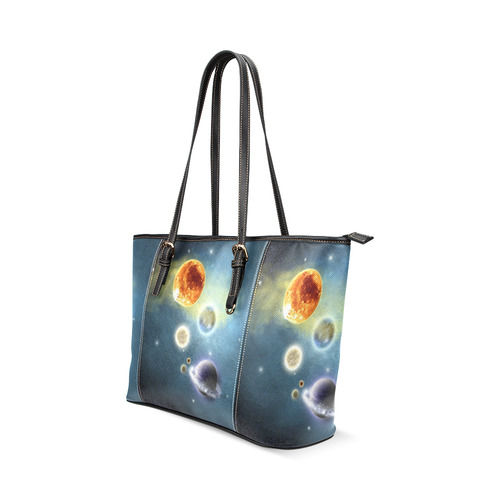 Space scenario with  meteorite sun and planets Leather Tote Bag/Large (Model 1640)